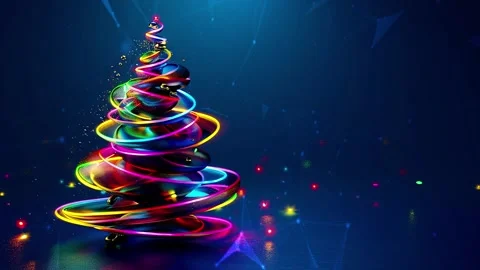 Christmas Tree. Background with flying paternas. Midnight neon background. Neon. Stock Footage 273632591