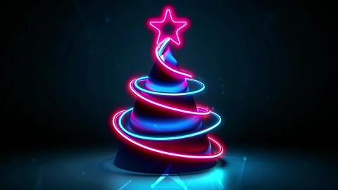 Christmas Tree. Background with flying paternas. Midnight neon background. Neon. Stock Footage 273632605