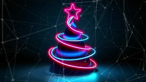 Christmas Tree. Background with flying paternas. Midnight neon background. Neon. Stock Footage 273632621