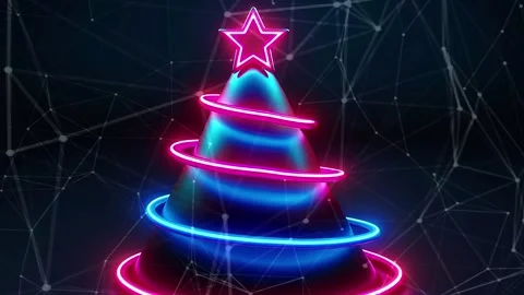 Christmas Tree. Background with flying paternas. Midnight neon background. Neon. Stock Footage 273632727