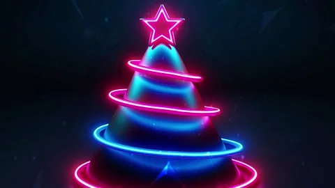 Christmas Tree. Background with flying paternas. Midnight neon background. Neon. Stock Footage 273632761