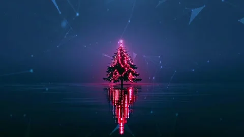 Christmas Tree. Background with flying paternas. Midnight neon background. Neon. Stock Footage 273632791