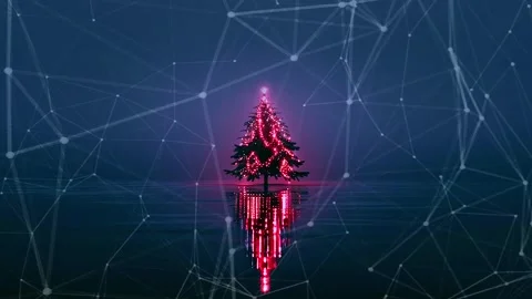 Christmas Tree. Background with flying paternas. Midnight neon background. Neon. Stock Footage 273632819