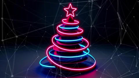 Christmas Tree. Background with flying paternas. Midnight neon background. Neon. Stock Footage 273632830