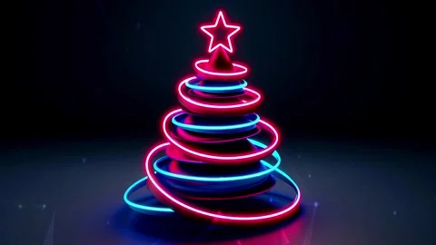 Christmas Tree. Background with flying paternas. Midnight neon background. Neon. Stock Footage 273632939