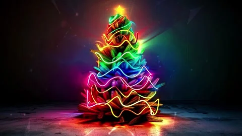 Christmas Tree. Background with flying paternas. Midnight neon background. Neon. Stock Footage 273632965