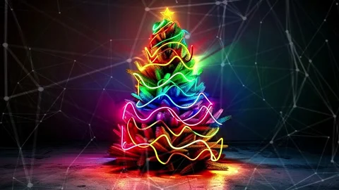Christmas Tree. Background with flying paternas. Midnight neon background. Neon. Stock Footage 273632988