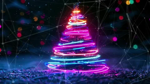 Christmas Tree. Background with flying paternas. Midnight neon background. Neon. Stock Footage 273633045