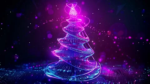 Christmas Tree. Background with flying paternas. Midnight neon background. Neon. Stock Footage 273633133