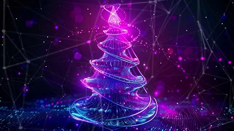 Christmas Tree. Background with flying paternas. Midnight neon background. Neon. Stock Footage 273633161