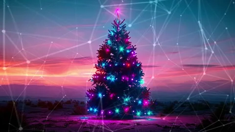 Christmas Tree. Background with flying paternas. Midnight neon background. Neon. Stock Footage 273633175
