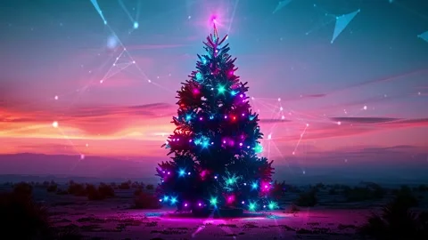 Christmas Tree. Background with flying paternas. Midnight neon background. Neon. Stock Footage 273633202
