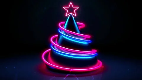 Christmas Tree. Background with flying paternas. Midnight neon background. Neon. Stock Footage 273633221