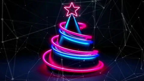 Christmas Tree. Background with flying paternas. Midnight neon background. Neon. Stock Footage 273633288