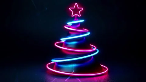 Christmas Tree. Background with flying paternas. Midnight neon background. Neon. Stock Footage 273633376