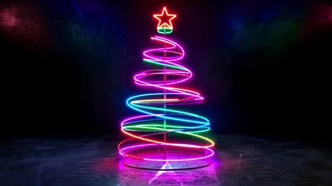 Christmas Tree. Background with flying paternas. Midnight neon background. Neon. Stock Footage 273633416