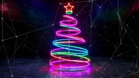 Christmas Tree. Background with flying paternas. Midnight neon background. Neon. Stock Footage 273633422