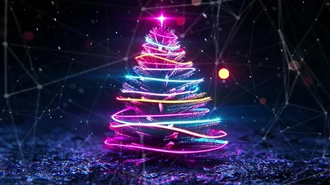 Christmas Tree. Background with flying paternas. Midnight neon background. Neon. Stock Footage 273633567