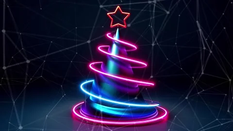 Christmas Tree. Background with flying paternas. Midnight neon background. Neon. Stock Footage 273633607