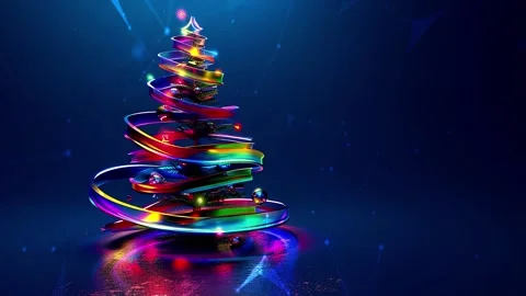 Christmas Tree. Background with flying paternas. Midnight neon background. Neon. Stock Footage 273633647
