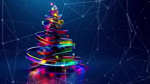 Christmas Tree. Background with flying paternas. Midnight neon background. Neon. Stock Footage 273633679