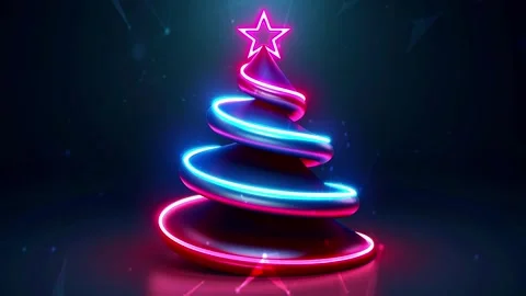 Christmas Tree. Background with flying paternas. Midnight neon background. Neon. Stock Footage 273633745