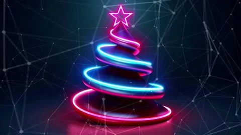 Christmas Tree. Background with flying paternas. Midnight neon background. Neon. Stock Footage 273633758