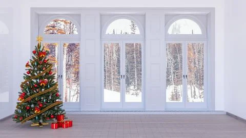 Christmas tree background interior render concept with snowy landscape in t.. Illustrazione stock
