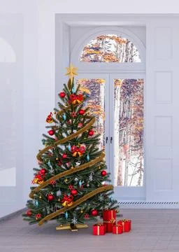 Christmas tree background interior render concept with snowy landscape in t.. Stock Illustration