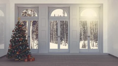 Christmas tree background interior render concept with snowy landscape in t.. Illustrazione stock