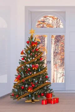 Christmas tree background interior render concept with snowy landscape in the Stock Illustration