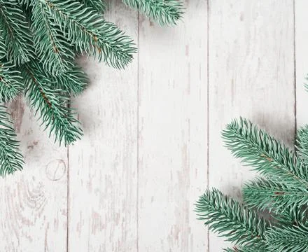 Christmas tree background. Pine branches on white wooden background. Flat lay Stock Photos