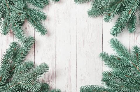 Christmas tree background. Pine branches on white wooden background. Flat lay Stock Photos
