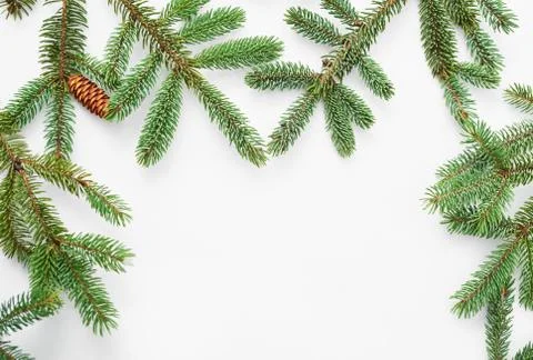 Christmas tree background. Pine branches on white wooden background. Flat lay Foto stock