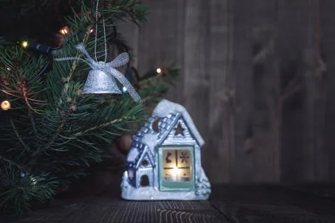 Christmas tree on the background of planks Stock Photos