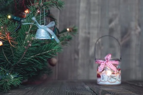 Christmas tree on the background of planks Stock Photos