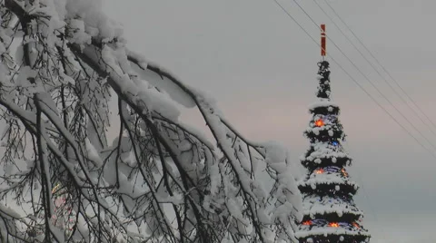 Christmas tree on the background of snow-covered branches of a tree. 스톡 동영상 64290494