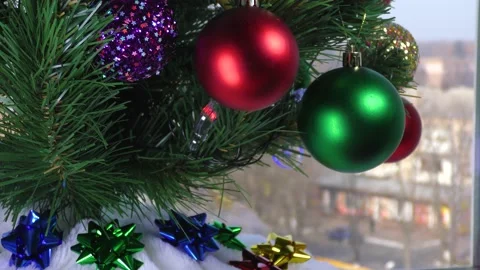 Christmas tree on the background of the view from the window with blur. B roll Stock Footage 165090229