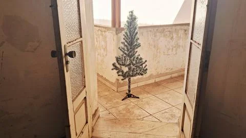 Christmas tree on a balcony viewed through a doorway. Festive holiday decor in Stock Photos