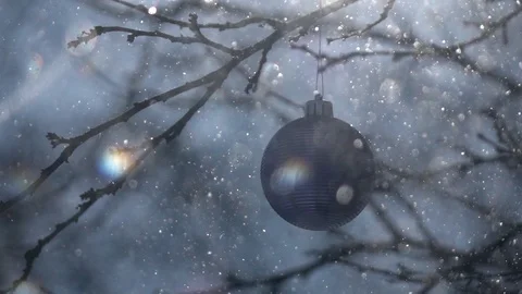 Christmas tree ball in back sun light, hanging on leafless twig in snowfall Stock Footage 87872134