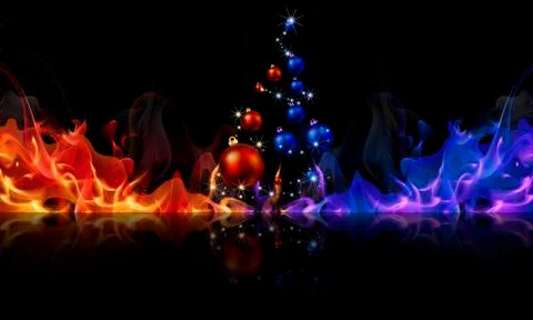 Christmas tree of balls in red-blue fire Stock Illustration
