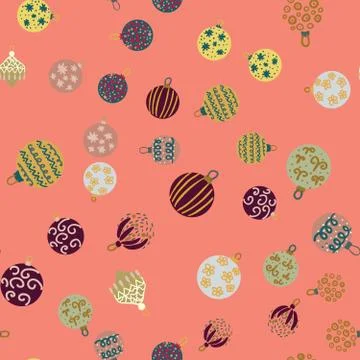 Christmas tree balls seamless pattern on coral background Stock Illustration