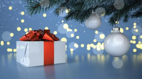 Christmas Tree Baubles, Gift And Bokeh Lights Stock Illustration