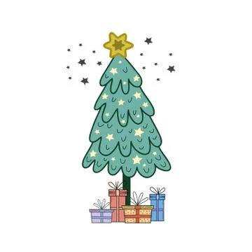 Christmas tree with boxes of gifts. Vector color illustration by hand. Holida Stock Illustration