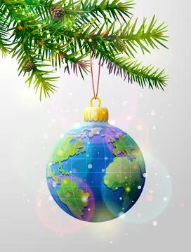 Christmas tree branch with decorative bauble of globe Illustrazione stock