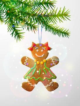Christmas tree branch with decorative cookie Stock Illustration