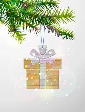 Christmas tree branch with gift box of wood Stock Illustration
