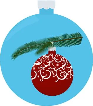 Christmas tree branch with red ball isolated on blue ball Illustrazione stock