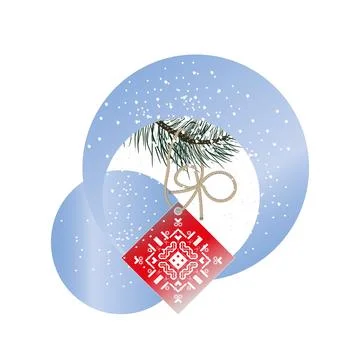 Christmas tree branch, square red decoration with white pattern. Stock Illustration