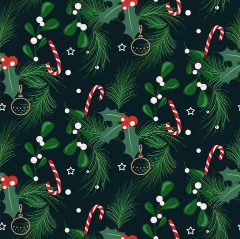 Christmas tree branches and berries, candy cane seamless pattern. Winter 库存插图